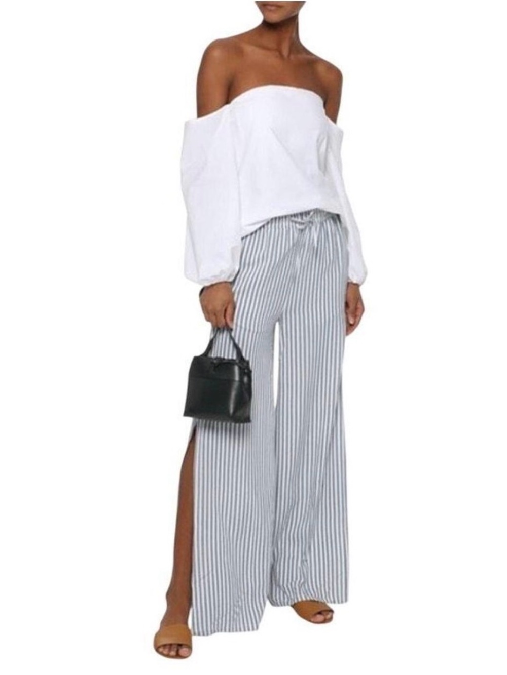 Nautica White & Navy Vertical-Stripe Wide Leg Drawstring Trousers